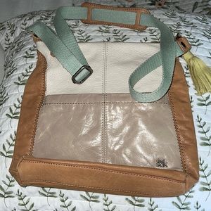 The Sak shoulder bag, tan, cream leather, gree canvas strap, yellow tassel